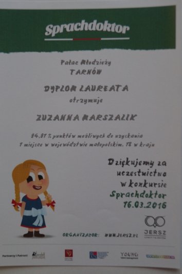 Wysokie lokaty wychowanków Pałacu w Ogólnopolskim Konkursie Języka Niemieckiego „Sprachdoktor 2016”