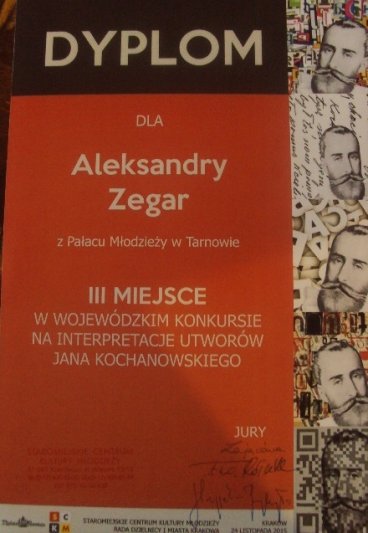 III miejsce dla Aleksandry Zegar - wychowanki Pałacu Młodzieży w wojewódzkim konkursie recytowania